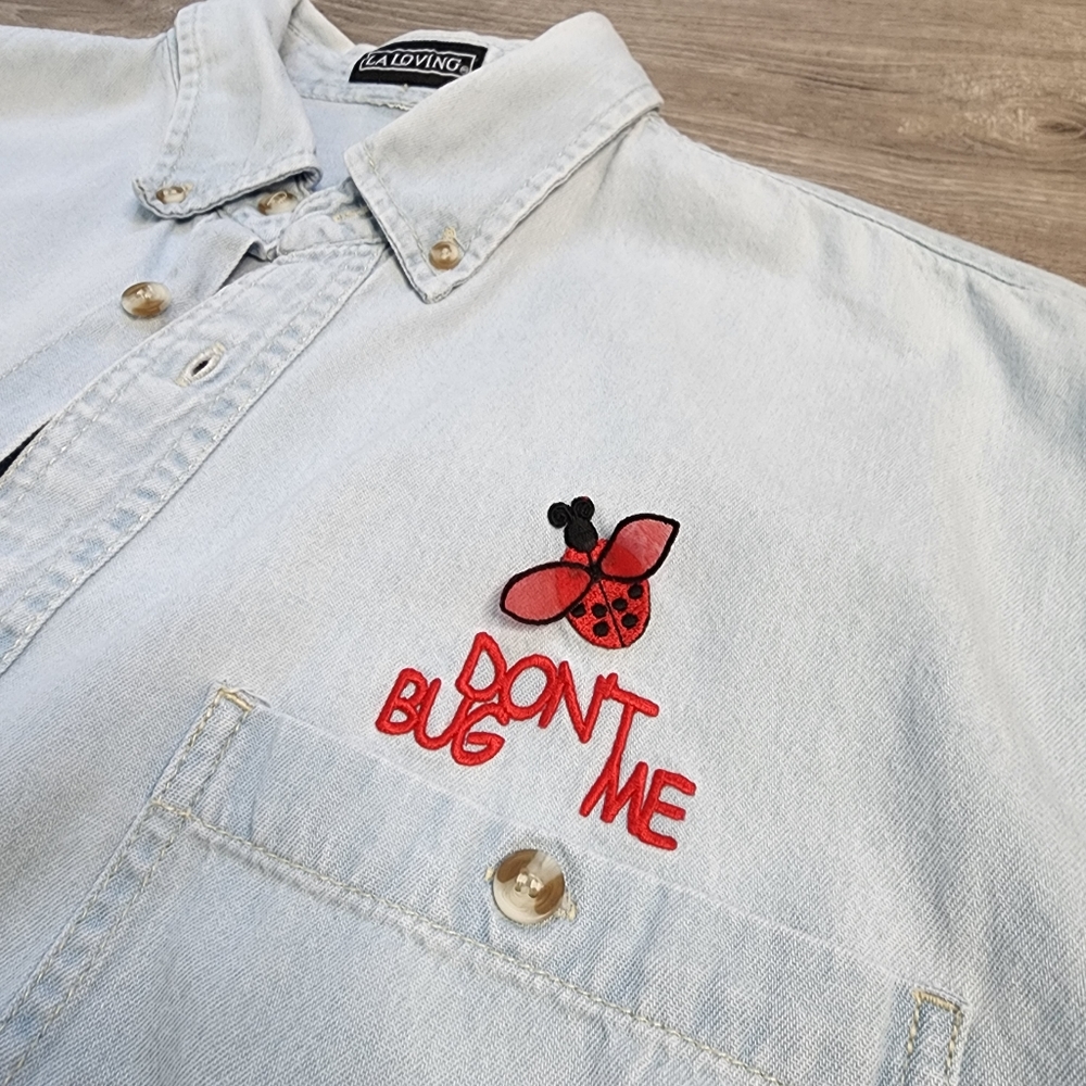 VINTAGE 90s Don't Bug Me Ladybug Chambray Long Sleeve Button Down Top XL